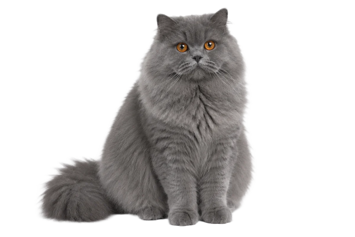 Brittiskt långhår, blågrå långhårig katt som sitter