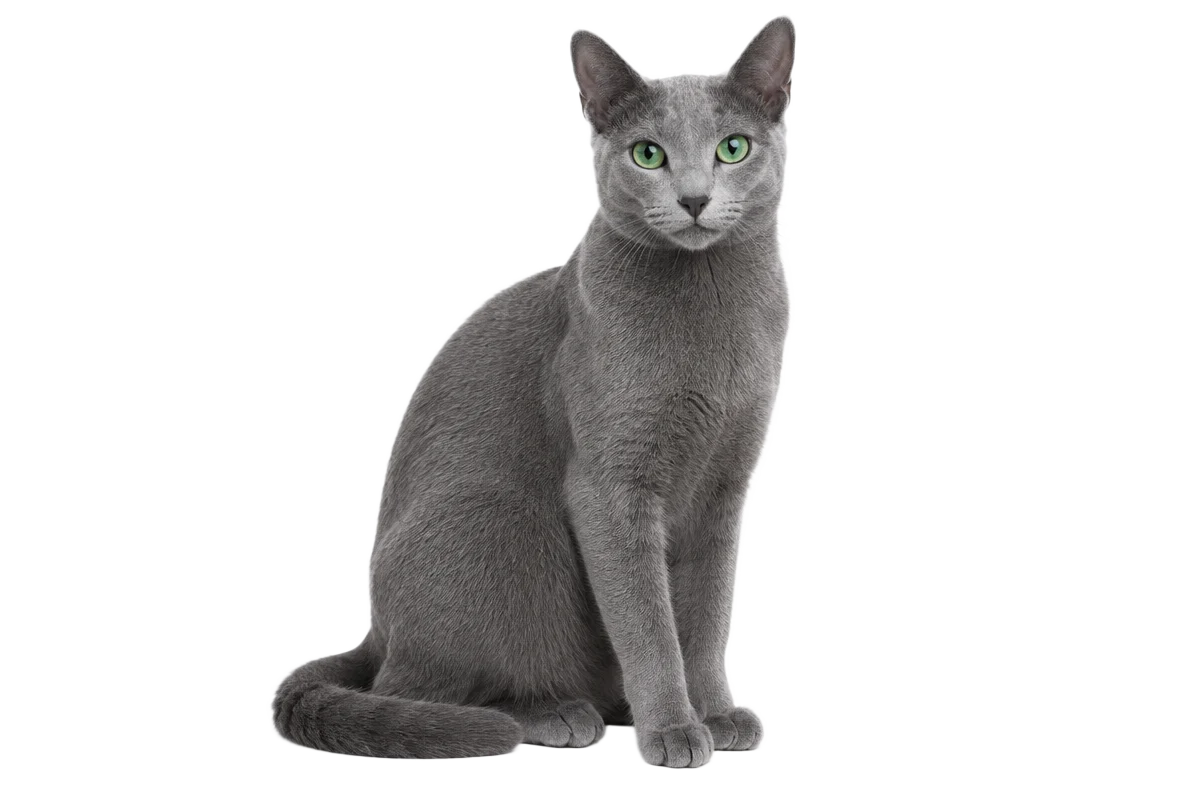 Russian Blue-katt med gröna ögon sitter